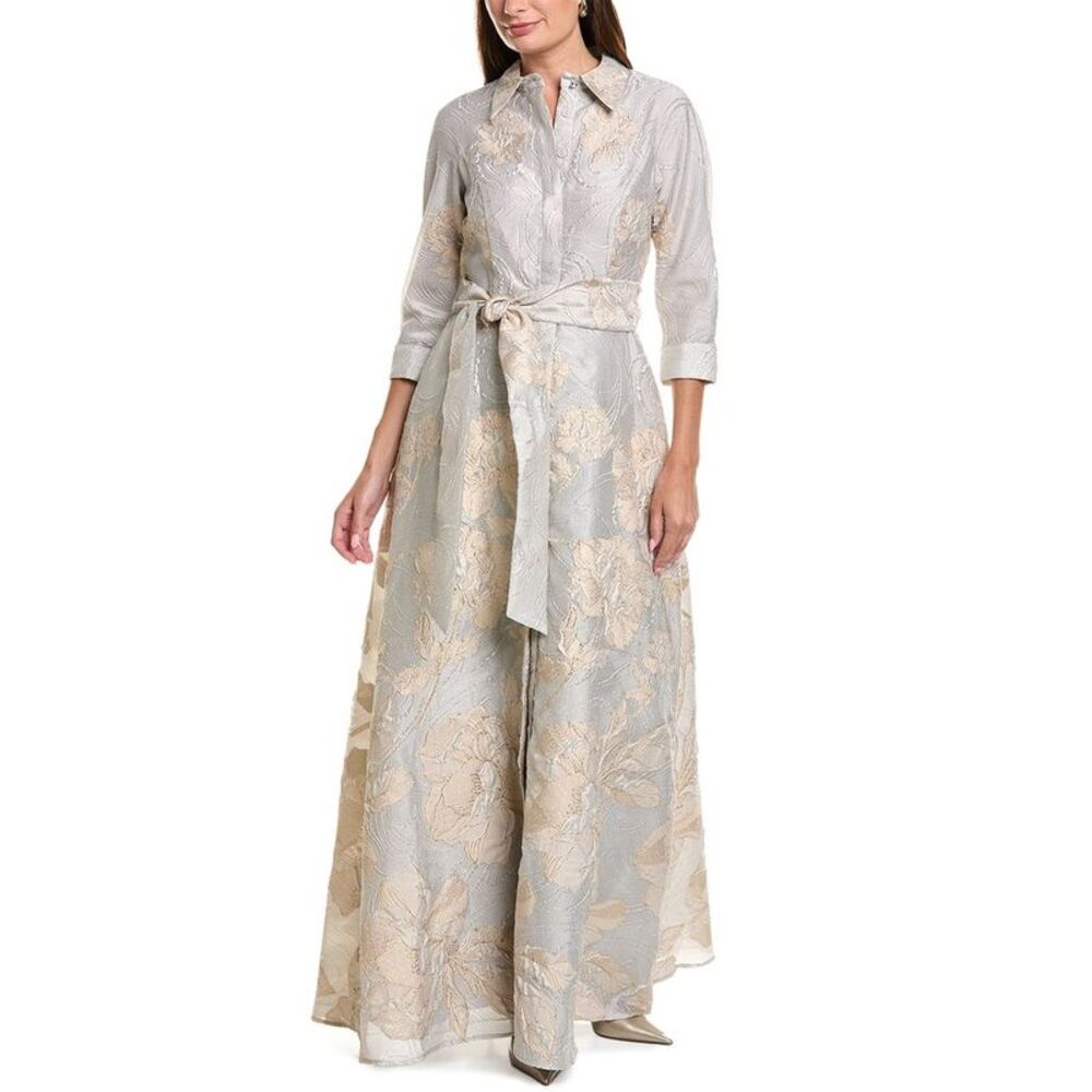 Teri Jon By Rickie Freeman Womens Metallic Floral Jacquard Shirt Gown, Green